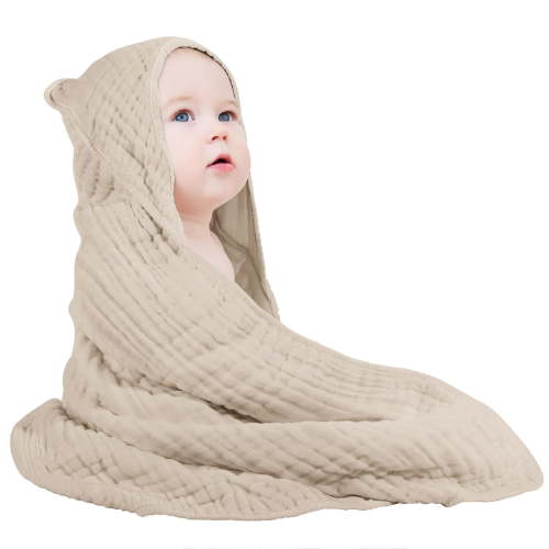 Yoofoss Hooded Baby Towels for Newborn Muslin Cotton Baby Bath Towel with Hood for Babies, Infant, Toddler and Kids, Large 32x32Inch, Soft and Absorbent Newborn Essential,Apricot