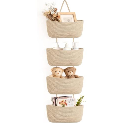 Dahey Over The Door Hanging Basket 4-Tier Woven Boho Wall Mounted Storage Organizer with Hooks for Bedroom Nursery Bathroom Apartments Dorm Pantry Decor, Jute
