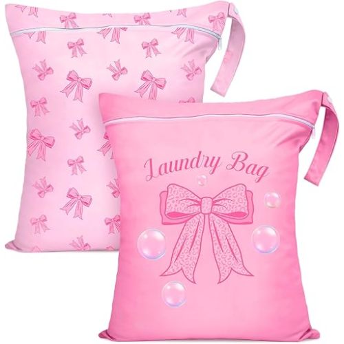 2 Pcs Large Travel Laundry Bags Waterproof Wet Dry Bag, Washable Dirty Clothes Bags for Travel，Drawstring, Bathing Suit, Workout, Gym Clothes Laundry, Swimming Pool & College Dorm, Pink Bow