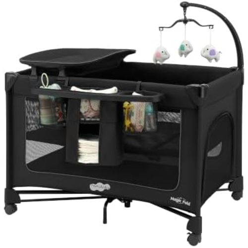 Pamo Babe 1 Step Set Pack and Play with Bassinet Foldable Playards Baby Playard with Changing Table Portable Playpen with Zip Door (Black)