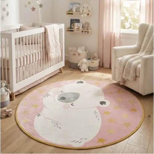 Pink 7' 10 x 7' 10 Bear Whimsy Kids Round Rug | Rugs.com