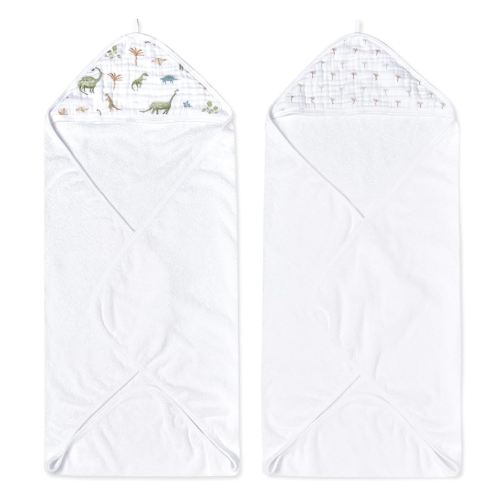 aden + anais Essentials Hooded Baby Bath Towel, Super Soft 100% Cotton, 2 Pack, Dino Jungle
