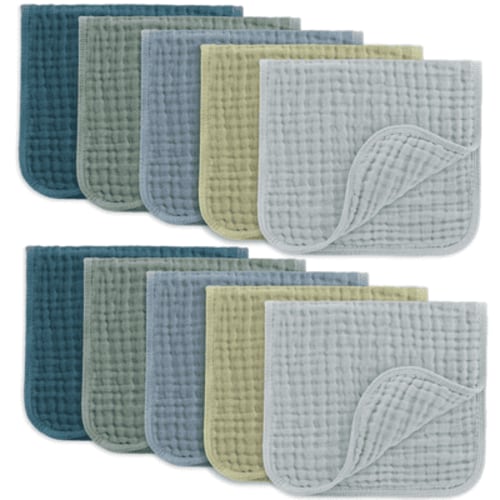 Comfy Cubs Muslin Burp Cloths - Large 100% Cotton Washcloths, 6 Layers (Multi Boy, 10-Pack, 20"X10")