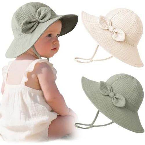 Konssy Muslin Baby Sun Hat 2-Pack, UPF 50+ Sun Protection Wide Brim Summer Beach Hat, Bucket Hat for Girls and Boys