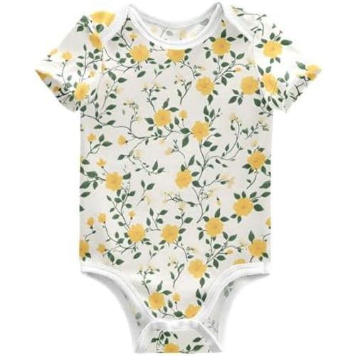 ALAZA Purple Yellow Floral Infant Baby Short Sleeve Bodysuits Cotton Newborn One-piece Clothes Comfort Romper