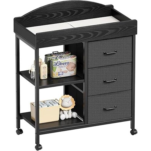 Changing Table, Baby Dresser with 3 Drawers and 2 Shelves, Multi-Functional Baby Changing Table with Pad, Classic Nursery Dresser, Diaper Changing Station, Black