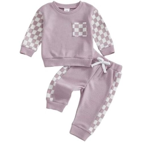 allshope Toddler Baby Girl Fall Outfit Checkerboard Patchwork Long Sleeve Sweatshirt Elastic Waist Pants Newborn Clothes Set
