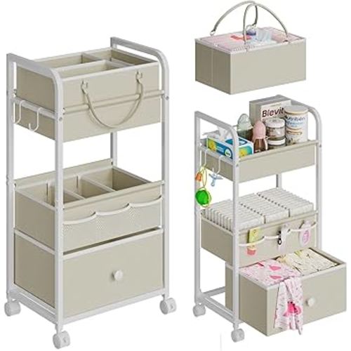 2In1 Baby Diaper Caddy Organizer and Storage, 3 Tier Rolling Cart with Drawer, Detachable Dividers, Mobile Utility Cart Baby Dresser Clothes Organizer for Crib, Bedroom, Art & Craft Storage