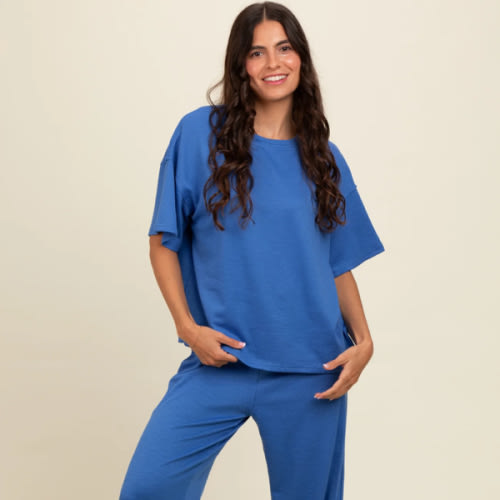 Blue Textured Knit Oversized Tee And Pants Maternity Set – PinkBlush
