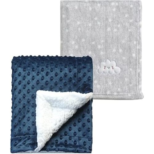 CREVENT 2Pcs 30''X40'' Cute Cozy Fluffy Warm Baby Blankets for Infants Toddlers' Bedding Crib Cot Stroller - Grey Cloud + Navy Sherpa