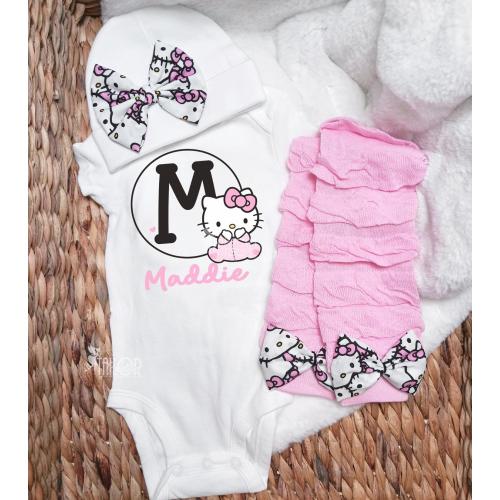 Kawaii Kitty Baby Outfit Bodysuit Gift Set - Baby Kitty Monogram Coming Home Kawaii Outfit - kawaii Saniro Baby Shower Gift Box for Girls