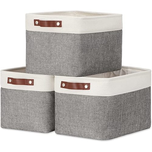 DULLEMELO Storage Baskets for Organizing, Rectangular Fabric Storage Bins Collapsible, Perfect for Shelves, Closets, Empty Gift Baskets (3-Pack Medium-15 inch X 11 inch X 9.5 inch , White&Grey)