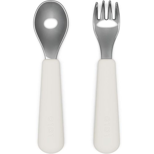 Lalo Utensils - Toddler Fork and Spoon Set - Stainless Steel and Silicone Ergonomic Toddler Utensils - Children Safe Flatware Set - 2 Pieces - Oatmeal