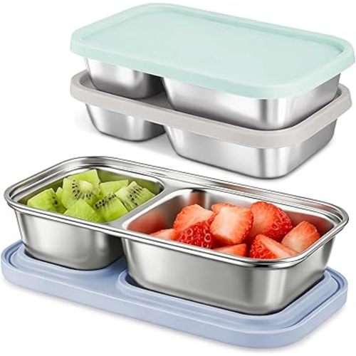 3 Pack Stainless Steel Snack Containers with Silicone Lids, 2-Compartment Snack Containers for Lunch, Office, Travel & Camping（Aqua, Blue, Grey