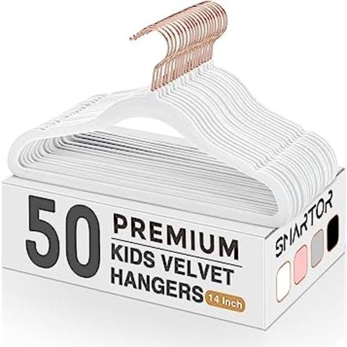 Smartor Kids Velvet Hangers 50 Pack, 14'' Inch Premium Non Slip Kids Felt Hangers for Closet, Space Saving Toddler Clothes Hanger for Youth's Childrens' Clothes Shirts, Pants, Dresses - White