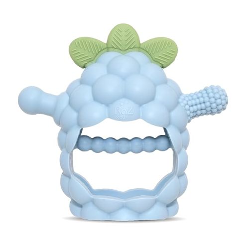 RaZbaby RaZberry Grip Silicone Teether Toy for 3M+ | Drop Resistant Hand Held Teether for Babies and Infants - Designed by Nature with Our Patented BerryBumps Multitextured Design | 3M+, Blue