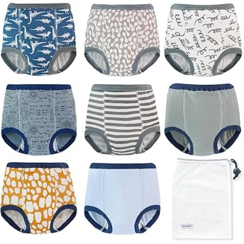 EZ Moms 8 Packs Potty Training Underwear Soft 100% Cotton Absorbent Toddler Training Underwear Boys Kid Confident Underpants for Boys 1T Reusable Leakproof Baby Pee Pants with Potty Sticker Chart