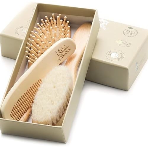 Baby Hair Brush and Comb Set for Newborn Wooden 4 Piece Soft Bristle Baby Brush and Comb Set for Newborn Girl Boy and Toddler Soft Cradle Cap New Born Infant Hair Brushes Perfect Baby Registry Gift