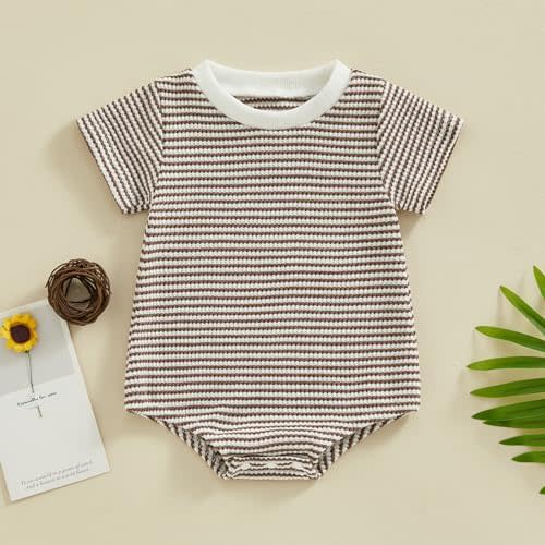 (0-3M) VISGOGO Unisex Baby Boy Girl Striped Romper Waffle Short Sleeve Bubble Oversized Romper Bodysuit Summer Onesie Clothes