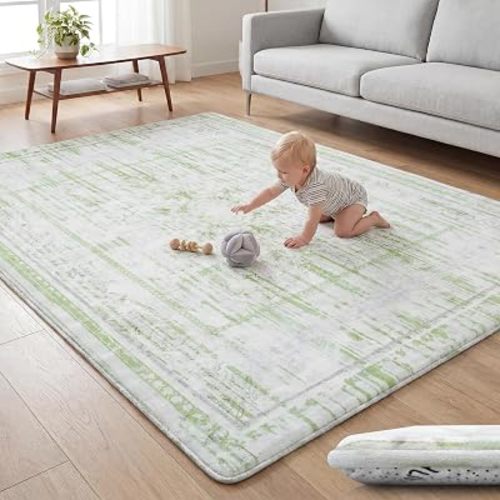 Huloo Sleep Baby Play Mat for Floor - 79x118 Inches 1.3" Thick Elasti-Foam Playpen Mat for Toddlers Infant Kids, Water-Repellent Nursery Rug, Non-Slip Backing for Crawling & Tummy Time, Sage & Blush