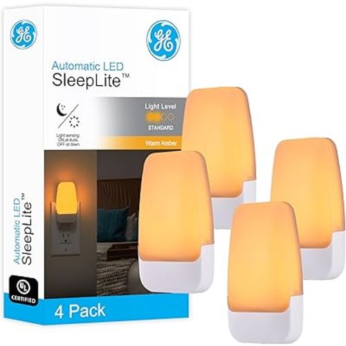 GE Sleeplite Night Lights Plug Into Wall, Dusk to Dawn Sensor, Ambient Lighting, Sleep Aid, Bathroom Décor, LED Lights for Bedroom, Apartment Essentials, Smart Home,86153, Amber, 4 Pack