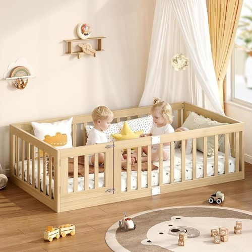 Twin Montessori Floor Bed with High Guardrails and 2 Door Latch, Solid Wood Toddler Bed Frame with 10 Slats and Supporting keel, Low-to-Floor for Crib-to-Bed Transition, Natural