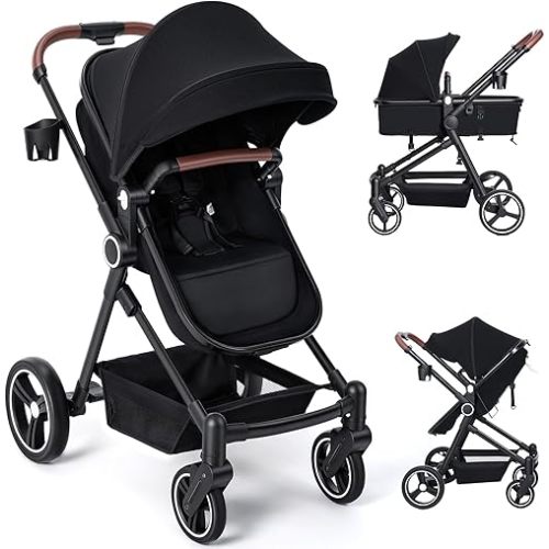 2-1 Baby Stroller, Newborn Toddler Compact Stroller with Convertible Seat, Foldable Pram Stroller with Adjustable Backrest/Canopy& Cup Holder, for 0-48 Months