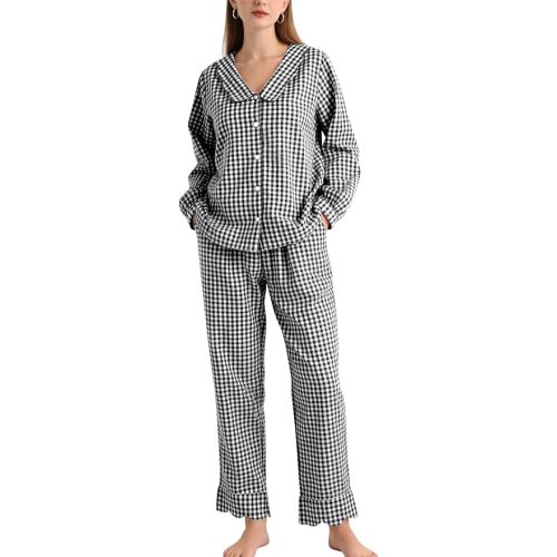 COZYPOIN Womens 100% Cotton Gingham Pajama Sets Scalloped Collar Button Down Long Sleeve Sleepwear Soft Plaid Loungewear