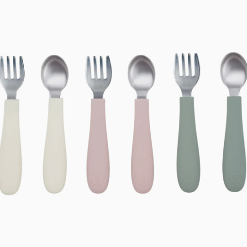 Stainless Steel & Silicone Toddler Utensils – Set of 6 (3 Forks + 3 Spoons)