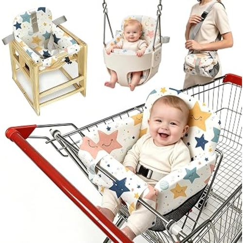 Padded Shopping Cart Seat Cover for Baby,Adjustable Grocery Cart Cover for Baby Infant Toddler,High Chair Cover for Restaurant & Swing seat Cover,Machine Washable(White Star)