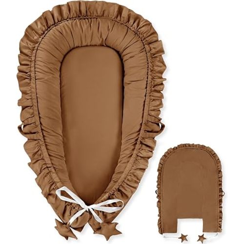 Pea Pod Baby Lounger Cover Replacement with Handmade Ruffled Design, Brown Baby Nest Cover for Busy Mom, Ultra Soft Skin-Friendly Cotton, Machine Washable