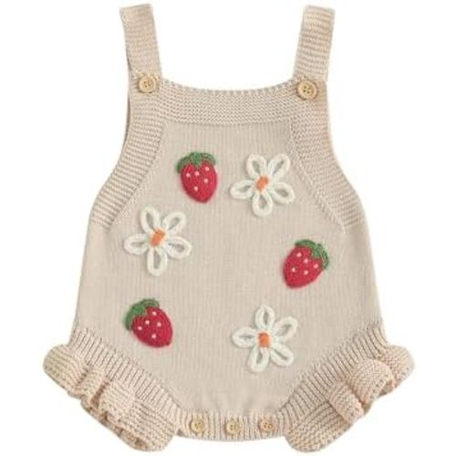 Newborn Baby Girl Romper Knit Sweater Cute Flower Strawberry Clothes Summer Sleeveless Square Neck Infant Outfit