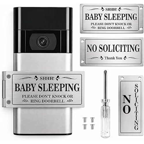 Baby Sleeping Doorbell Cover — Rotatable "Shh! Baby Sleeping" & "No Soliciting" Sign, No-Drill Adhesive Install, Fits Ring Video Doorbell, Great New Mom Gift
