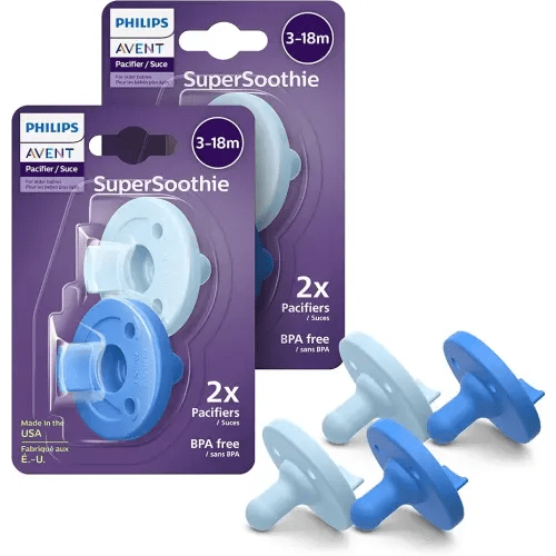 Philips Avent Soothie 3-18 Months Orthodontic Baby Pacifiers, 100% Silicone Pacifiers, One Piece, BPA-Free, 2 Sky Blue and 2 Light Blue, 4 Pack, Model SCF192/71
