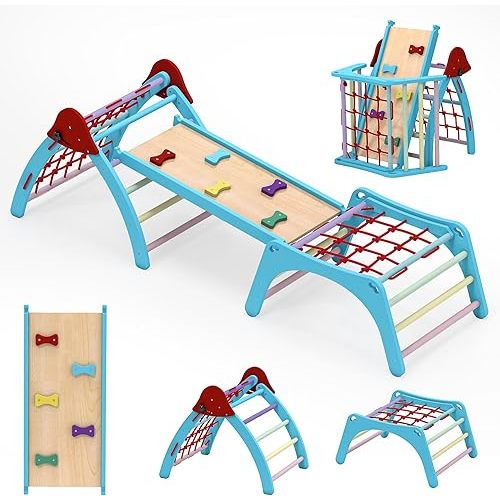 Pikler Triangle Set 7in1 Toddler Toy Indoor Foldable Wooden Montessori Climbing Set Jungle Gym for Kids Colored for Baby 1-6 Years