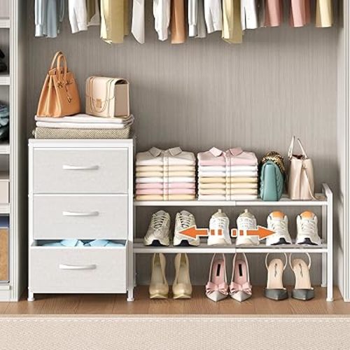 Expandable Closet Organizers and Storage, White Fabric Storage Dresser, 3 Drawer Dresser, Clothes Shelves for Kids, Purse Organizer Small Shoe Rack for Closet Bedroom(31.29~43.42 in)