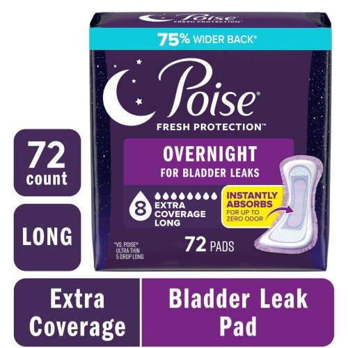 Poise Overnight Incontinence & Postpartum Pads for Bladder Leaks, 8 Drop Extra Coverage, 72 Count (2 Packs of 36), Packaging May Vary HSA/FSA Eligible