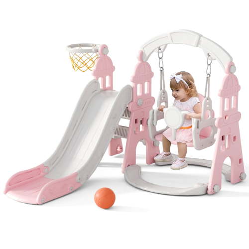 KORIMEFA 4-in-1 Kids Slide and Swing Set, Toddler Outdoor Playset Slide for Age 1-3, Outdoor and Indoor Playground Toy, Basketball Hoop, and Climbe