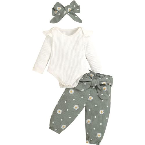 fhutpw Newborn Baby Girl Clothes Rib Frill Romper Daisy Flared Pants Set