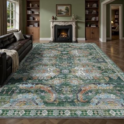 8x10 Area Rugs, Vintage Retro Soft Washable Rug, Non-Slip Low Pile Rugs for Living Room, Bedroom, Dining Room, Stain Resistant Home Decor Rug (Green)