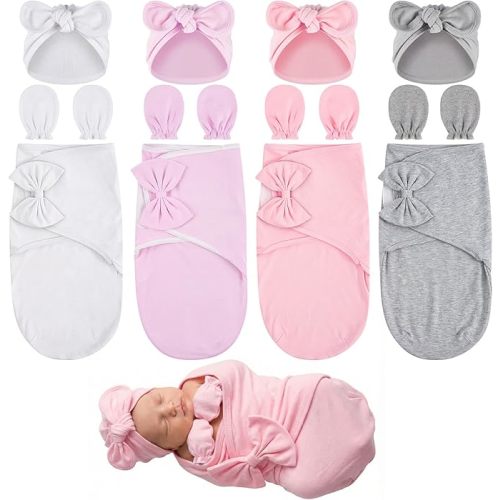 4 Pack Baby Swaddle Blanket with Hats & Mittens, Preemie Swaddle Set for Baby Adjustable Infant Outfit for 0-3 Months