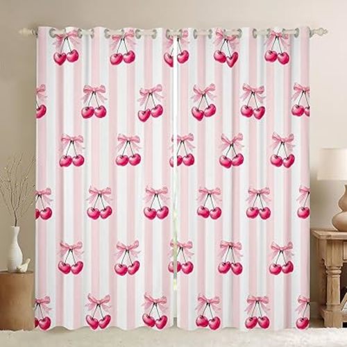 Feelyou Pink Girls Bow Curtains for Bedroom Living Room (2 Panels, 42 x 63 Inch) Kawaii Cherry Prints Darkening Dreapes Boys Teens Decor Bow Blackout Curtains Cute Bowknot Window Treatments