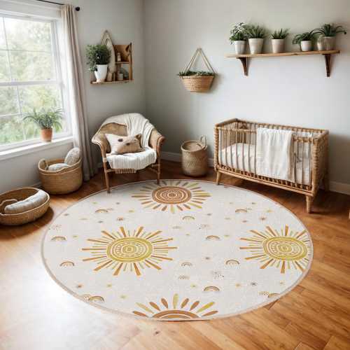 Sunny Radiance Kids Room Round Rug - Radiant Sun Rainbow Elements Circle Carpet - Yellow Suns Round Carpet - Playful Daycare Circle Mat
