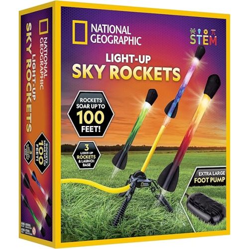 NATIONAL GEOGRAPHIC Air Rocket Toy – Ultimate LED Rocket Launcher for Kids, Jump and Launch The Light Up, Air Powered, Foam Tipped Rockets up to 100 Feet