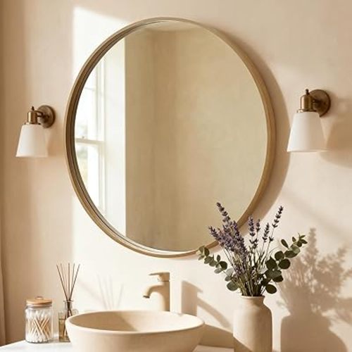 WallBeyond Round Wood Mirror, 32" Round Modern Decoration Large Circle Wall Mirror for Bathroom Living Room Bedroom Entryway, Natural