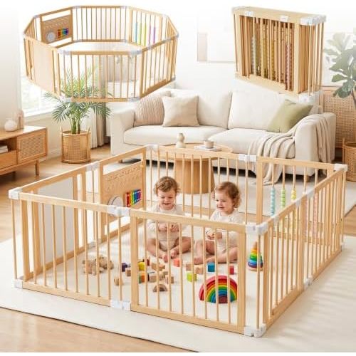 Natural Wooden Baby Playpen, Foldable Baby Safety Fence, 8 Panels