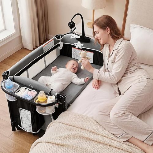 Kinder King 4 in 1 Portable Baby Playard, Foldable Baby Bedside Crib w/Bassinet, Infant Pack and Play Playard Toddler Large Playpen, Newborn Changing Table, Storage Basket, Dark Grey