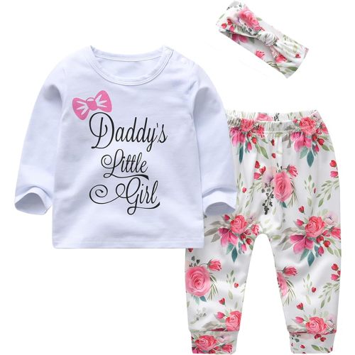 KuKitty 3Pcs Baby Girl Outfits Set Long Sleeve T-Shirt Tops Flowers Pants with Headband