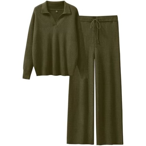 ANRABESS Women Two Piece Outfits Sweater Sets Lounge Waffle Knit Pullover Matching Wide Leg Pants Tracksuit 2025 Fall Fashion