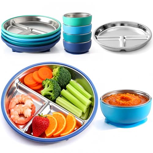 Havawish 8 Pcs Stainless Steel Baby Plate and Bowls with Suction, 8.3" Kid Divided Plate and 4" Toddler Bowl with Removable Silicone, BPA-free Non-slip Baby Feed Set Dishwasher Safe for Boy Girl(Blue)